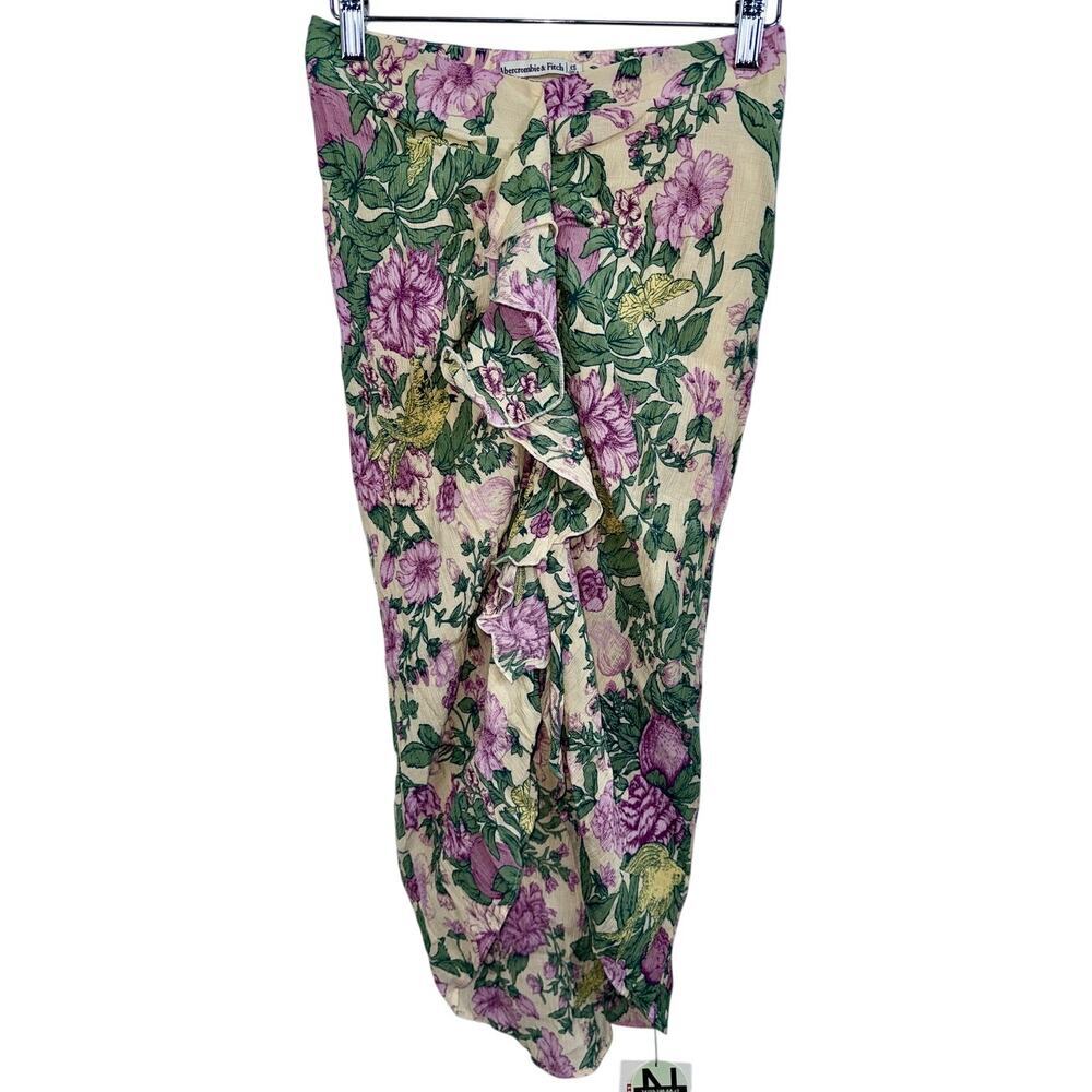 Abercrombie & Fitch Cream Green Floral Ruffle Wrap Long Midi Skirt Women Size XS